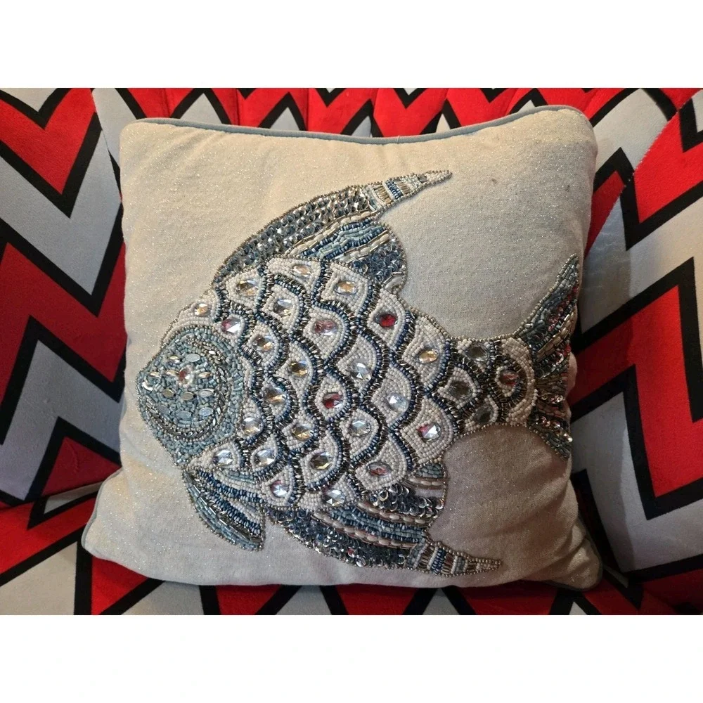 Pier One Light Blue Velour/beaded Fish Pillow, Throw Pillow 13x13